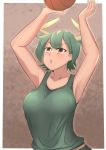  1girl animal_ears armpits arms_up aurochs_(kemono_friends) bar bare_arms basketball border breasts brown_eyes camisole collarbone cow_ears cow_girl cow_horns empty_eyes extra_ears eyebrows_visible_through_hair green_camisole green_hair highres horns john_(a2556349) kemono_friends large_breasts looking_up multicolored_hair open_mouth short_hair solo sport tan throwing two-tone_hair 