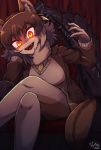  1girl animal_ears arm_rest bangs brown_hair brown_jacket crossed_legs czechoslovakian_wolfdog_(kemono_friends)_(kitsunetsuki_itsuki) dated dog_ears dog_girl dog_tail evil_smile eyebrows_visible_through_hair fangs fur_collar gloves glowing glowing_eyes grey_gloves grey_hair hand_on_own_cheek hand_up head_rest jacket kemono_friends kitsunetsuki_itsuki leaning_to_the_side long_sleeves looking_at_viewer medium_hair multicolored multicolored_eyes multicolored_hair necktie open_clothes open_jacket open_mouth original pantyhose red_eyes signature sitting skirt smile solo sweater tail two-tone_hair yellow_eyes yellow_neckwear yellow_skirt 