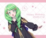  1girl bow dated fire_emblem fire_emblem:_three_houses flayn_(fire_emblem) garreg_mach_monastery_uniform green_eyes green_hair hair_ornament happy_birthday hiyori_(rindou66) long_hair long_sleeves open_mouth solo uniform upper_body 