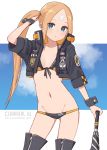  1girl abigail_williams_(fate/grand_order) absurdres adapted_costume bandaid bandaid_on_forehead bangs bikini black_bikini black_jacket blonde_hair blue_eyes blue_sky breasts character_name closed_mouth collarbone cropped_jacket crossed_bandaids fate/grand_order fate_(series) forehead heroic_spirit_traveling_outfit high_collar highres jacket kopaka_(karda_nui) long_hair open_clothes open_jacket orange_belt parted_bangs side_ponytail sky small_breasts swimsuit thighs umbrella wrist_cuffs 