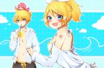  1boy 2girls bangs beruna0612 bikini blonde_hair blue_background blue_eyes blush blush_stickers clouds commentary cup drinking holding holding_cup hooded_shirt kagamine_len kagamine_rin looking_at_viewer multiple_girls octopus off-shoulder_shirt off_shoulder open_clothes open_mouth open_shirt pink_hair polka_dot polka_dot_background ponytail shirt short_hair short_ponytail shorts shoulder_tattoo sitting sitting_on_head sitting_on_person smile solid_circle_eyes spiky_hair swept_bangs swimsuit takoluka tattoo upper_body vocaloid waves white_shirt 