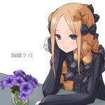  1girl abigail_williams_(fate/grand_order) absurdres bangs birthday black_bow black_dress blonde_hair blue_eyes bow dated dress fate/grand_order fate_(series) flower hair_bow hand_on_own_cheek highres kopaka_(karda_nui) long_hair long_sleeves looking_at_viewer multiple_bows multiple_hair_bows orange_bow parted_bangs polka_dot polka_dot_bow purple_flower simple_background sleeves_past_fingers sleeves_past_wrists smile solo white_background 