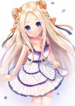  1girl abigail_williams_(fate/grand_order) absurdres bangs bare_arms bare_shoulders blonde_hair blue_eyes blush bow braid collarbone commentary_request cropped_legs double_bun dress fate/grand_order fate_(series) gradient gradient_background hair_bow highres ko_yu layered_dress long_hair looking_at_viewer orange_bow parted_bangs parted_lips petals purple_background sleeveless sleeveless_dress smile solo very_long_hair white_background white_dress 