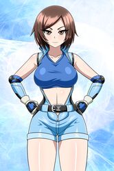  absurdres belt breasts brown_eyes brown_hair elbow_pads highres kazama_asuka large_breasts short_hair smile sports_bra sportswear tekken yensh 