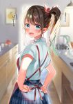  1girl :d apron arms_behind_back bangs blue_eyes blue_skirt blurry blurry_background blush breasts brown_hair commentary_request depth_of_field egg eyebrows_visible_through_hair from_behind hair_ribbon highres indoors kitchen long_hair looking_at_viewer looking_back open_mouth original piyopoyo ponytail red_apron red_ribbon ribbon shirt short_sleeves sidelocks skirt smile solo tomato translation_request white_shirt 