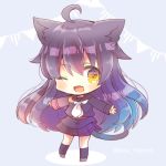  1girl ;d ahoge animal_ear_fluff animal_ears bangs black_hair black_legwear black_sailor_collar black_serafuku black_shirt black_skirt blue_background blush cat_ears cat_girl cat_tail chibi commentary_request eyebrows_visible_through_hair fang full_body grey_footwear hair_between_eyes kantai_collection kemonomimi_mode kneehighs kouu_hiyoyo long_hair long_sleeves looking_at_viewer lowres mikazuki_(kantai_collection) one_eye_closed open_mouth outstretched_arms pennant pleated_skirt sailor_collar school_uniform serafuku shirt skirt sleeves_past_wrists smile solo spread_arms standing string_of_flags tail twitter_username very_long_hair yellow_eyes 