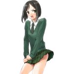  1girl bangs black_hair blush collared_shirt commentary_request eyebrows_visible_through_hair fate/zero fate_(series) green_neckwear green_skirt green_sweater long_sleeves mignon necktie open_mouth school_uniform shiny shiny_hair shirt simple_background sketch skirt solo sweater teeth tongue waver_velvet white_background white_shirt 