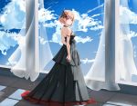  1girl azur_lane back bare_shoulders black_dress blonde_hair blue_sky blush breasts brown_eyes clouds day dress earrings eyebrows_visible_through_hair hair_between_eyes hair_ornament highres jewelry long_dress looking_at_viewer medium_breasts multicolored_hair qing_wu red_eyes redhead roon_(azur_lane) roon_(dark_red_grin)_(azur_lane) short_hair sky solo streaked_hair two-tone_dress 