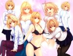  1girl :d antenna_hair arcueid_brunestud bangs bare_shoulders black_bra black_legwear black_panties blonde_hair bow bow_bra bow_panties bra breasts cleavage_cutout collarbone contrapposto crossed_arms crossed_legs dress expressions eyebrows_visible_through_hair hair_intakes hand_on_own_thigh iro_(sekaixiro) jewelry long_hair looking_at_viewer looking_back medium_breasts multiple_views navel necklace open_mouth panties pantyhose parted_lips pleated_skirt purple_legwear purple_skirt red_eyes ribbed_sweater shiny shiny_clothes short_hair sitting skirt smile sparkle standing strapless strapless_dress sweater tsukihime turtleneck turtleneck_sweater underwear white_sweater 