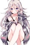  1girl blue_eyes braid commentary crossed_legs feet_out_of_frame grey_jacket hand_in_hair ia_(vocaloid) jacket jewelry knees_up long_hair looking_at_viewer necklace off-shoulder_jacket parted_lips platinum_blonde_hair sitting solo sotsunaku symbol_commentary very_long_hair vocaloid 