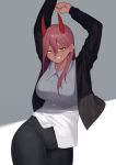  +_+ 1girl arms_up black_coat black_pants breasts chainsaw_man cinko coat highres horns large_breasts pants pink_hair pose power_(chainsaw_man) red_horns red_pupils sharp_teeth shirt smug teeth white_shirt yellow_eyes 