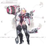  1girl absurdres blonde_hair breasts cyberpunk hammer highleg highleg_leotard highres large_breasts leotard mecha_musume mechanical_legs mechanical_parts red_eyes science_fiction short_hair solo young_(artist) 