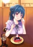  1girl bangs black_ribbon blue_hair blunt_bangs blurry blurry_background breasts chair collarbone cup depe dessert drinking_straw eyebrows_visible_through_hair food fork frilled_shirt frills hair_bun hands_up highres holding holding_fork ice ice_cube indoors long_hair looking_at_viewer love_live! love_live!_sunshine!! medium_breasts neck_ribbon open_mouth pink_eyes plate purple_shirt ribbon shiny shiny_hair shirt short_sleeves sitting soda solo table tsushima_yoshiko upper_body wooden_table 