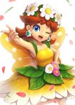  1girl arm_up bangs blue_eyes blush breasts brown_hair collarbone commentary_request dress earrings eyebrows_visible_through_hair fairy_wings flower gonzarez hand_on_hip happy head_wreath highres jewelry leaf leg_up light_blush long_hair looking_at_viewer super_mario_bros. mario_kart_tour one_eye_closed open_mouth petals pink_flower pointing princess_daisy shiny shiny_hair simple_background sleeveless sleeveless_dress small_breasts smile solo standing standing_on_one_leg white_background white_flower wings yellow_dress 