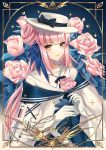 1girl arknights bangs black_bow blue_dress bow cape ceylon_(arknights) character_name commentary dress eyebrows_visible_through_hair flower hat hat_bow highres holding holding_flower kernel_killer long_hair looking_at_viewer pink_flower pink_hair pink_rose rose smile solo upper_body white_cape white_headwear yellow_eyes 
