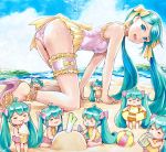 6+girls :&lt; :3 :d =_= all_fours anklet ball beach beachball bikini can clone commentary drinking frilled_legwear hair_ribbon hatsune_miku high_heels highres holding holding_can ice_cream_cone innertube jewelry long_hair looking_at_viewer mayo_riyo minigirl multiple_girls open_mouth outdoors pink_ribbon ribbon shovel skirt smile spring_onion swimsuit thigh_strap twintails very_long_hair vocaloid yellow_ribbon yellow_skirt 