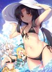  3girls ass_visible_through_thighs bangs beatmania beatmania_iidx bikini black_bikini black_hair blonde_hair breasts brown_eyes closed_eyes day dutch_angle front-tie_bikini front-tie_top hat highres horns large_breasts long_hair multiple_girls open_mouth outdoors parted_bangs pointy_ears ponytail roshin side-tie_bikini small_breasts sun_hat swimsuit water white_hair 