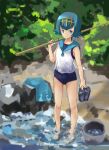  1girl absurdres bangs blue_eyes blue_hair blue_sailor_collar bucket closed_mouth commentary feet fishing_rod hairband highres holding_footwear one-piece_swimsuit over_shoulder pants pants_removed pokemon pokemon_(game) pokemon_sm rock sailor_collar sandals sandals_removed school_swimsuit shirt short_hair sleeveless smile solo suiren_(pokemon) swimsuit swimsuit_under_clothes trial_captain wading water xufei_(qrbqrb) 