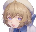  1girl bangs beret blue_bow blue_eyes blush bow brown_hair commentary eyebrows_visible_through_hair face hair_between_eyes hair_bow hat iwanaga_kotoko kyokou_suiri looking_at_viewer okitanation open_mouth short_hair simple_background smile solo sweater violet_eyes white_background 