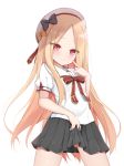  1girl abigail_williams_(fate/grand_order) alternate_costume ass_visible_through_thighs bangs black_bow black_skirt blonde_hair blue_eyes blush bow commentary_request eyebrows_visible_through_hair hair_bow hat kamu_(geeenius) lifted_by_self long_hair looking_at_viewer orange_bow parted_bangs pleated_skirt red_eyes red_ribbon ribbon shirt short_sleeves simple_background skirt skirt_lift smile solo white_background white_headwear white_shirt 