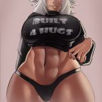  1girl :p abs animal_ears black_panties black_shirt clothes_writing crop_top ezzyecchi fang fang_out head_out_of_frame highres long_sleeves muscle muscular_female navel no_pants original panties shirt smile solo tongue tongue_out underwear white_hair wolf_ears 