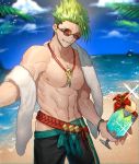  1boy abs absurdres achilles_(fate) alternate_costume cocktail day fate/apocrypha fate/grand_order fate_(series) green_hair highres jewelry male_focus muscle navel necklace nipples none_(kameko227) one_eye_closed outdoors palm_tree pants shiny shiny_hair smirk sparkle summer sunglasses towel tree yellow_eyes 