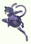  1girl animal_ears black_gloves black_hair black_jaguar_(kemono_friends) black_legwear black_neckwear black_skirt blue_eyes bow bowtie center_frills commentary_request don3 elbow_gloves eyebrows_visible_through_hair frilled_skirt frills fur_collar gloves highres jaguar_ears jaguar_girl jaguar_print jaguar_tail kemono_friends pleated_skirt print_gloves print_legwear print_skirt purple_frills purple_shirt scarf shirt short_hair short_sleeves skirt solo tail thigh-highs zettai_ryouiki 