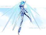  1girl blue_hair bodysuit commentary_request energy_wings full_body green_eyes headgear highres kamenn long_hair looking_at_viewer magical_girl mechanical_halo original skin_tight solo sword weapon 