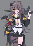  1girl baggy_pants black_gloves black_legwear black_skirt brown_eyes brown_hair clming eyebrows_visible_through_hair girls_frontline gloves grey_background gun h&amp;k_ump hair_ribbon highres long_hair looking_at_viewer necktie one_eye_closed open_mouth over_shoulder pants ribbon scar scar_across_eye shirt single_glove single_thighhigh skirt smirk solo strapless submachine_gun thigh-highs thigh_strap ump45_(girls_frontline) weapon weapon_over_shoulder white_shirt 