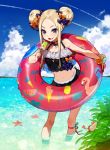  abigail_williams_(fate/grand_order) absurdres alternate_costume alternate_hairstyle animal bangs bare_shoulders beach bikini bird black_bikini blue_sky bow clouds cloudy_sky collarbone commentary_request crab day double_bun eating eyes_visible_through_hair fate/grand_order fate_(series) flamingo food food_on_face forehead hair_bow hair_bun hair_ornament highres holding ice_cream in_water leaf leg_ribbon looking_at_viewer medium_hair navel ocean open_mouth orange_bow parted_bangs plant purple_bow ribbon scrunchie sidelocks sky standing starfish stomach swimsuit two-tone_ribbon violet_eyes water wrist_scrunchie yuu_(higashi_no_penguin) 