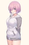  1girl :o arms_behind_back bangs beige_background blush breasts collarbone commentary_request cowboy_shot eyebrows_visible_through_hair fate/grand_order fate_(series) grey_jacket hair_between_eyes hair_over_one_eye highres hood hood_down hooded_jacket jacket jp06 large_breasts long_sleeves looking_at_viewer mash_kyrielight open_mouth pink_eyes pink_hair short_hair simple_background solo violet_eyes white_jacket 