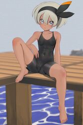  1girl :&lt; aruman barefoot black_bodysuit black_hairband bodysuit breasts closed_mouth collarbone commentary covered_navel feet grey_eyes grey_hair gym_leader hair_between_eyes hairband looking_at_viewer pier pokemon pokemon_(game) pokemon_swsh saitou_(pokemon) short_hair sitting solo spread_legs toes water 