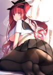  1girl absurdres ass azur_lane bangs bed_sheet black_legwear black_panties black_sailor_collar black_skirt blunt_bangs blurry blurry_background blush breasts crop_top embarrassed eyebrows_visible_through_hair feet hair_ornament highres honolulu_(azur_lane) honolulu_(umbrella_girl)_(azur_lane) indoors large_breasts liya long_hair looking_at_viewer on_bed panties panties_under_pantyhose pantyhose pillow pleated_skirt red_eyes redhead sailor_collar school_uniform serafuku shirt sidelocks sitting skirt soles solo underwear white_shirt 