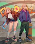  1boy 1girl alternate_costume american_flag android_18 bald blonde_hair blue_eyes blue_skirt breasts bubble_blowing dragon_ball dragon_ball_(object) earrings green_pants hand_in_pocket holding holding_skateboard hongcasso hood hood_down hoodie jacket jewelry kuririn large_breasts long_hair looking_at_viewer open_clothes open_jacket pants pink_hoodie purple_jacket red_jacket shirt shoes short_hair skateboard skirt sneakers star_(symbol) white_shirt 