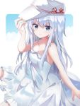  1girl absurdres alternate_costume blue_eyes dress fathom flat_cap hammer_and_sickle hat hibiki_(kantai_collection) highres kantai_collection long_hair silver_hair sleeveless sleeveless_dress solo spaghetti_strap sundress verniy_(kantai_collection) white_dress white_headwear 