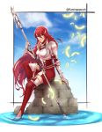  1girl armor armored_dress breastplate closed_mouth clouds commentary cordelia_(fire_emblem) day dress feathers fire_emblem fire_emblem_awakening flamingo_(eme324) gauntlets hair_between_eyes hair_ornament highres holding holding_polearm holding_spear holding_weapon lips long_hair polearm red_dress red_eyes redhead sitting sky smile solo spear twitter_username very_long_hair water weapon wing_hair_ornament 