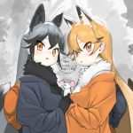  2girls ababababa adapted_costume animal_ears back_bow black_bow black_fur black_gloves black_hair black_kimono blush bow commentary_request extra_ears eyebrows_visible_through_hair ezo_red_fox_(kemono_friends) fox_ears fox_girl fox_tail fur_collar gloves highres japanese_clothes kemono_friends kimono long_hair mouse multicolored_hair multiple_girls orange_bow orange_eyes orange_hair orange_kimono silver_fox_(kemono_friends) silver_hair tail translation_request white_fur 