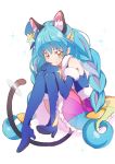  1girl absurdres animal_ear_fluff animal_ears blue_gloves blue_hair blue_headwear blue_legwear braid cat_ears cat_tail choker closed_mouth commentary_request cure_cosmo elbow_gloves eyebrows_visible_through_hair full_body gloves hat highres jewelry long_hair looking_at_viewer magical_girl mini_hat multicolored multicolored_clothes multicolored_skirt orange_eyes precure simple_background sitting skirt smile solo star_twinkle_precure tail twin_braids twintails white_background yufu_toyomimasu yuni_(precure) 