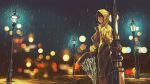  1girl brown_hair coat craft-cs hand_up hood lamppost original outdoors rain raincoat school_uniform standing transparent transparent_umbrella umbrella yellow_coat 