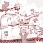  3girls alisa_(girls_und_panzer) bangs boots browning_m2 closed_mouth commentary denim denim_shorts emblem eyebrows_visible_through_hair foot_up freckles girls_und_panzer greyscale grin ground_vehicle gun hair_intakes hair_ornament halftone highres holding holding_jacket jacket jacket_over_shoulder jacket_removed kay_(girls_und_panzer) long_hair looking_at_viewer looking_to_the_side m4_sherman machine_gun midriff military military_vehicle monochrome motor_vehicle multiple_girls naomi_(girls_und_panzer) navel open_clothes open_jacket saunders_(emblem) saunders_military_uniform shirt short_hair short_shorts short_sleeves short_twintails shorts sitting sketch smile standing star_(symbol) star_hair_ornament t-shirt tank thigh-highs tied_shirt twintails very_short_hair waving weapon yoyokkun 
