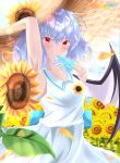  1girl alternate_costume arm_up armpits artist_name bare_arms blue_hair blue_sky blurry blurry_foreground bokeh clouds commentary cowboy_shot depth_of_field flower food hair_flower hair_ornament hand_on_headwear hat highres holding holding_food leaf looking_at_viewer petals popsicle red_eyes remilia_scarlet shiny shiny_hair shirt short_hair skirt sky sleeveless sleeveless_shirt solo standing straw_hat sumishi_(sumisi_3) summer sunflower sunflower_hair_ornament touhou white_shirt white_skirt 