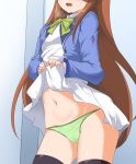  1girl black_legwear blue_jacket blush bow breasts brown_hair collared_dress commentary_request dress dress_lift green_bow green_panties groin head_out_of_frame heavy_breathing highres jacket lifted_by_self long_hair long_sleeves medium_breasts momio navel open_clothes open_jacket open_mouth original panties sleeves_past_wrists solo standing sweat thigh-highs underwear very_long_hair white_dress 