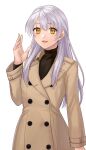  :d absurdres alternate_costume black_sweater casual coat commission contemporary fire_emblem fire_emblem:_radiant_dawn grey_hair half_updo hand_up hazuki_(nyorosuke) highres lapels long_hair long_sleeves looking_at_viewer micaiah_(fire_emblem) simple_background skeb_commission smile sweater turtleneck turtleneck_sweater white_background yellow_eyes 