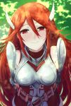  1girl armor armored_dress artist_name belt belt_buckle blush breastplate buckle closed_mouth commentary_request cordelia_(fire_emblem) dress eyebrows_visible_through_hair fire_emblem fire_emblem_awakening hair_between_eyes hair_ornament highres ippers lips long_hair looking_at_viewer pink_belt red_dress red_eyes redhead signature smile solo very_long_hair wing_hair_ornament 