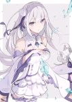  1girl :o animal bag bangs bare_shoulders blue_bag braid breasts cat commentary_request dress emilia_(re:zero) eyebrows_visible_through_hair flower grey_background grey_hair hair_flower hair_ornament highres kodamazon long_hair looking_at_viewer medium_breasts open_mouth pointy_ears puck_(re:zero) purple_ribbon re:zero_kara_hajimeru_isekai_seikatsu ribbon silver_hair simple_background thigh-highs violet_eyes white_dress white_flower white_legwear x_hair_ornament 