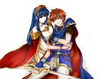  1boy 1girl blood blood_on_face blue_gloves blue_hair brown_hair clenched_teeth cloak closed_mouth collarbone delsaber dress fingerless_gloves fire_emblem fire_emblem:_the_binding_blade gloves headband holding holding_sword holding_weapon lilina_(fire_emblem) long_dress long_hair older pants red_cloak roy_(fire_emblem) shiny shiny_hair shoulder_armor simple_background sword teeth very_long_hair weapon white_background white_dress white_pants 