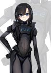  1girl bangs blue_eyes blush bodysuit eyebrows_visible_through_hair game_console hand_on_hip highres i.takashi looking_at_viewer personification playstation_2 short_hair solo sony zoom_layer 