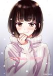  1girl 2018 bangs black_hair blush brown_eyes christmas commentary_request english_text eyebrows_visible_through_hair gradient gradient_background looking_at_viewer medium_hair original ribbed_sweater signature simple_background smile snowing solo sugano_manami sweater turtleneck turtleneck_sweater upper_body white_sweater 