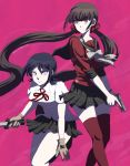  2girls bangs black_hair black_legwear black_sailor_collar black_skirt brown_hair closed_mouth collarbone collared_shirt dangan_ronpa dangan_ronpa_1 dress_shirt freckles gloves grey_gloves gun hair_ornament hair_scrunchie handgun harukawa_maki holding holding_gun holding_knife holding_weapon kneehighs knife long_hair maizono_sayaka miniskirt multiple_girls neck_ribbon new_dangan_ronpa_v3 nyangorobei pink_background plaid plaid_skirt pleated_skirt red_eyes red_legwear red_ribbon red_scrunchie red_shirt ribbon sailor_collar sailor_shirt school_uniform scrunchie shirt short_hair short_sleeves skirt standing thigh-highs twintails twitter_username very_long_hair weapon white_shirt zettai_ryouiki 