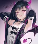  1girl :d armpits arms_up bangs black_bow black_choker black_hair black_vest black_wings blunt_bangs bow breasts bright_pupils center_frills choker collarbone commentary_request dared demon_girl demon_horns demon_tail demon_wings detached_sleeves eyebrows_visible_through_hair facial_mark frilled_shirt frills hood hooded_vest hoodie horns long_hair long_sleeves looking_at_viewer love_live! love_live!_sunshine!! mignon open_clothes open_mouth open_vest purple_background ribbon_trim shirt signature small_breasts smile solo tail tsushima_yoshiko unzipped upper_body upper_teeth vest violet_eyes white_shirt wings zipper 